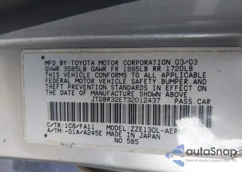 2003 Toyota Corolla Le from USA, damaged, VIN JTDBR32E732012437